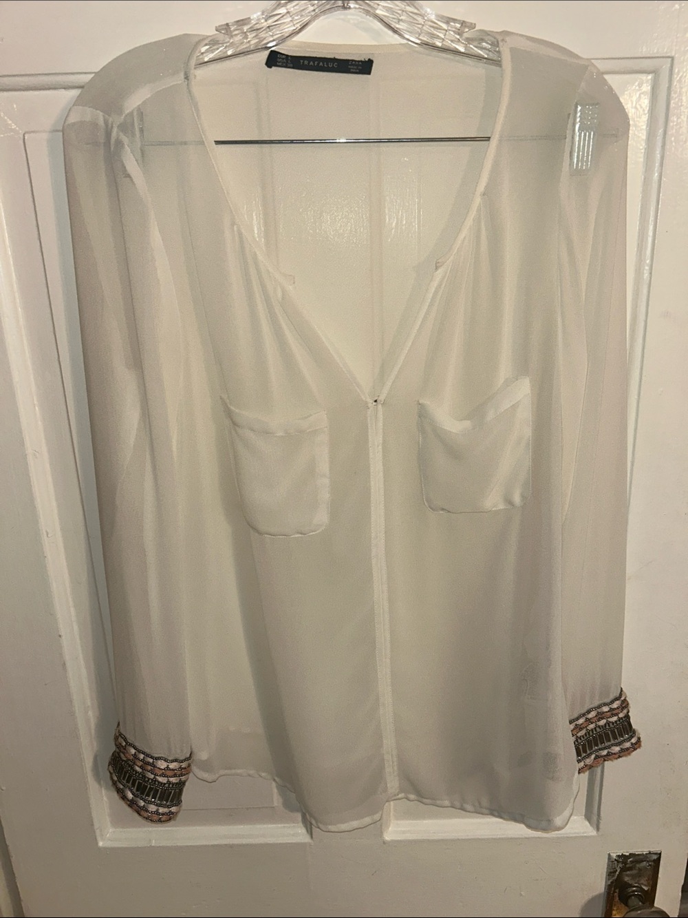 Zara Cream Sheer V-Neck Blouse with Beaded Cuffs